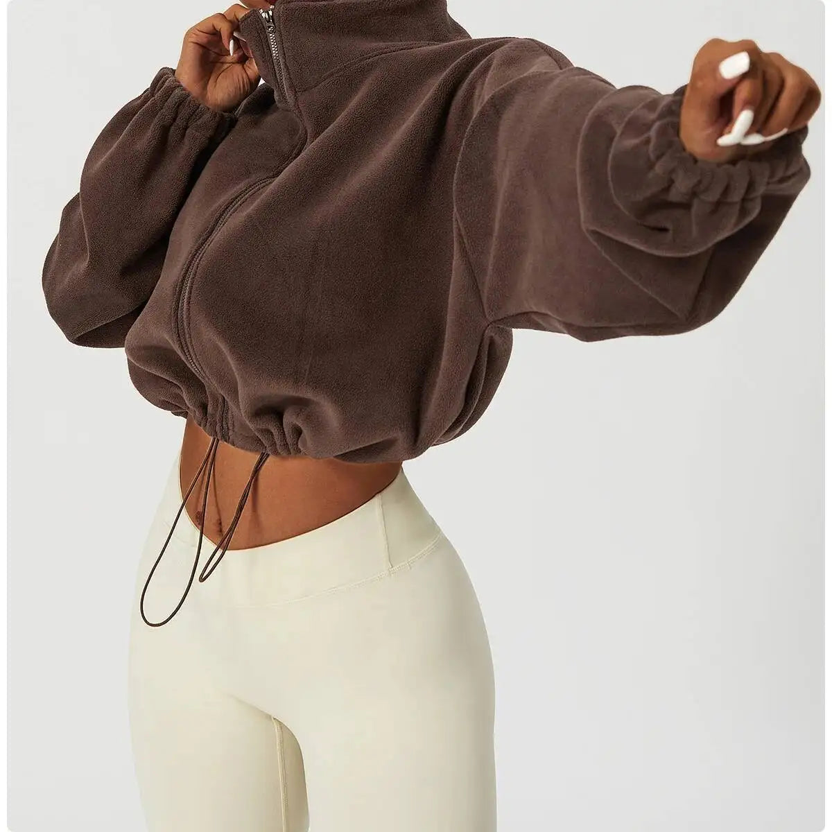 Women Crop Fleece Jacket Stand Collar Outerwear Autumn Winter