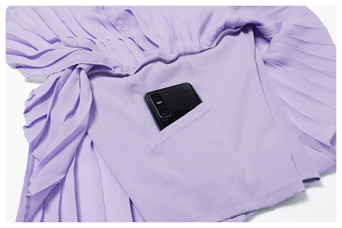 Lavender pleated skirt with phone pocket, athletic wear design