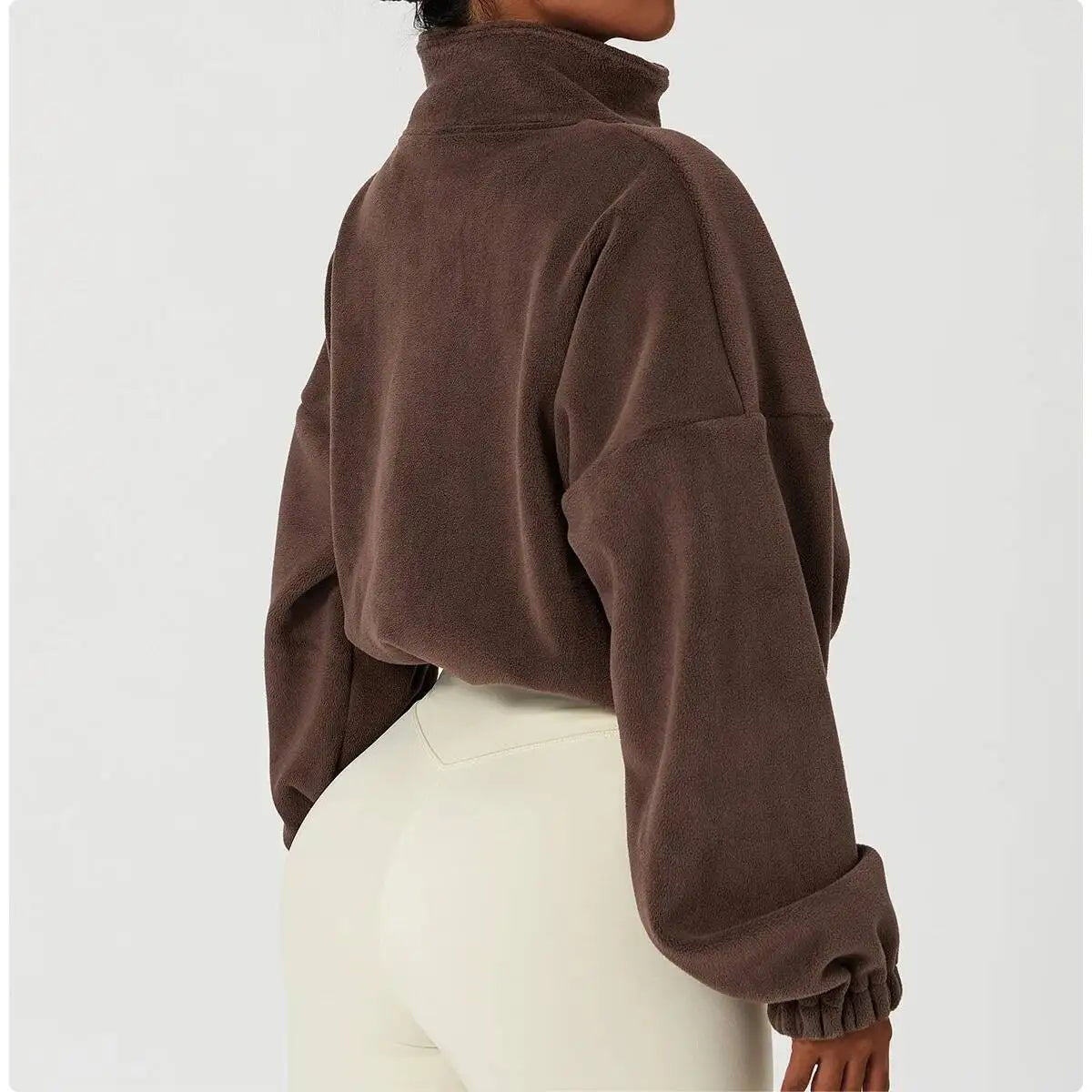 Women Crop Fleece Jacket Stand Collar Outerwear Autumn Winter