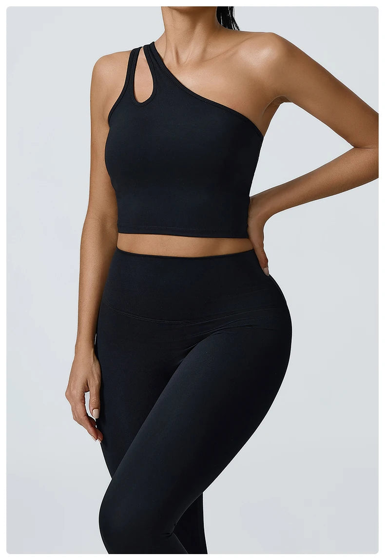 Women Push Up Sports Bra One Shoulder Yoga Shockproof Fitness Bra Black White