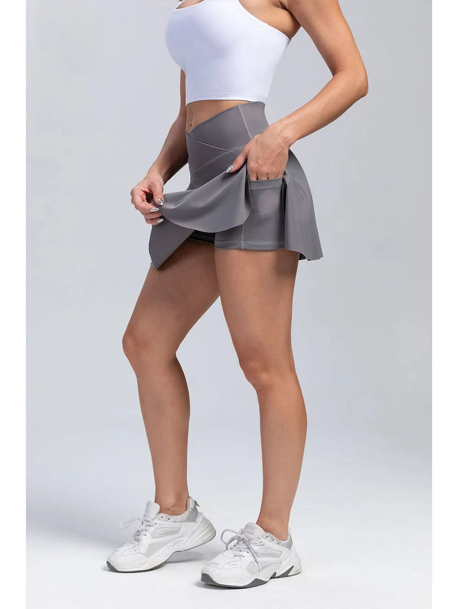 Women Pleated Tennis Skirt With Pockets Golf Crossover High Waisted Skort