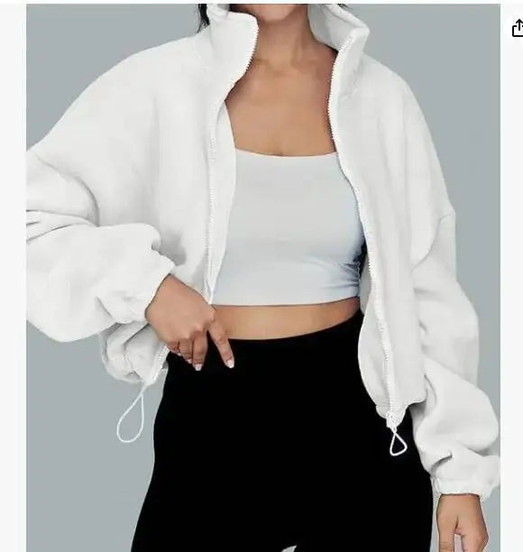 Women Crop Fleece Jacket Stand Collar Outerwear Autumn Winter