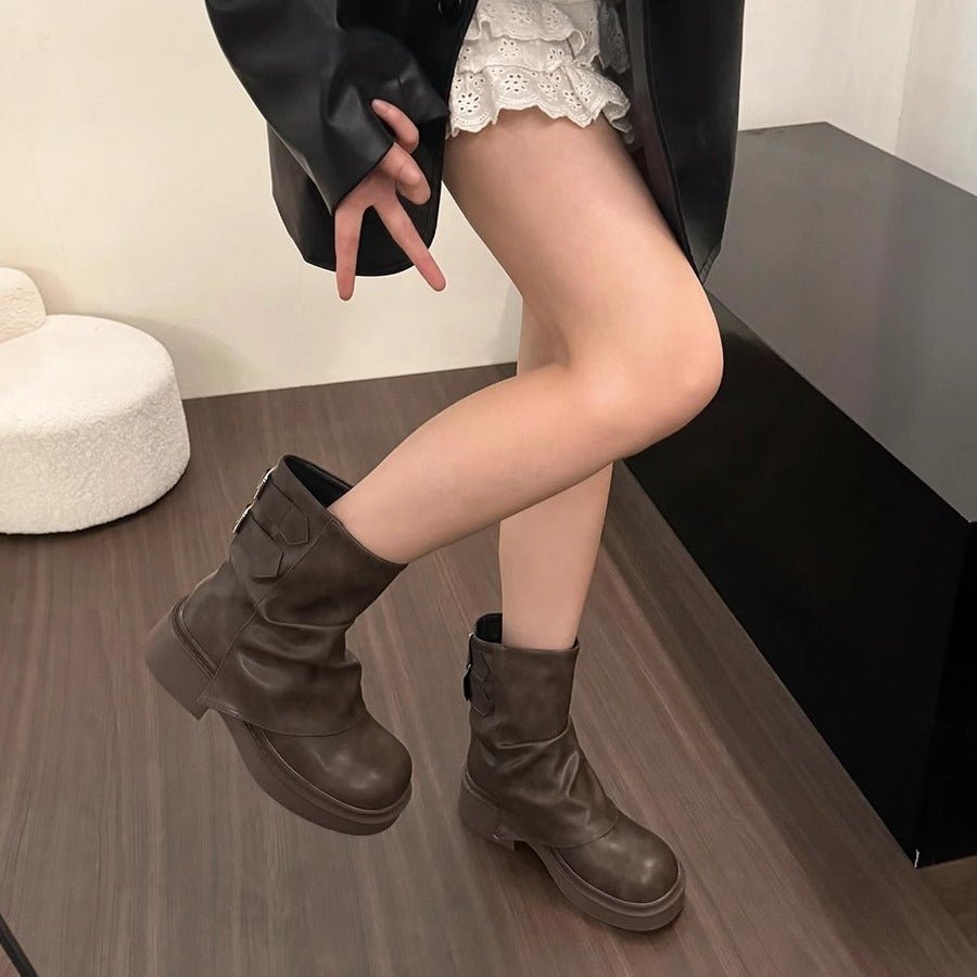 British Street Pleated Sleeve Slugged Bottom Boots - THREADLIGHT
