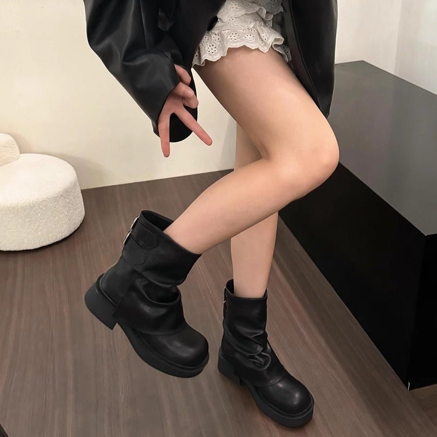 British Street Pleated Sleeve Slugged Bottom Boots - THREADLIGHT
