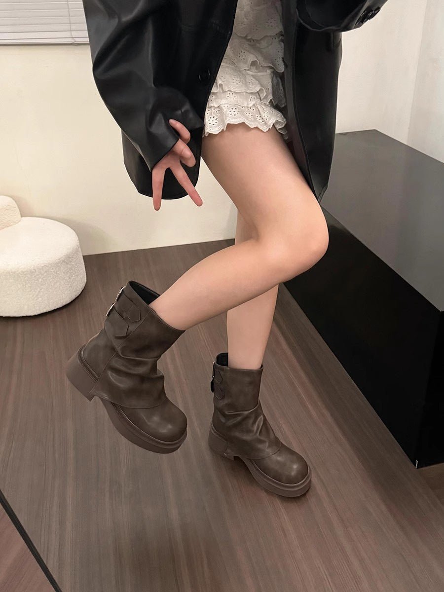 British Street Pleated Sleeve Slugged Bottom Boots - THREADLIGHT