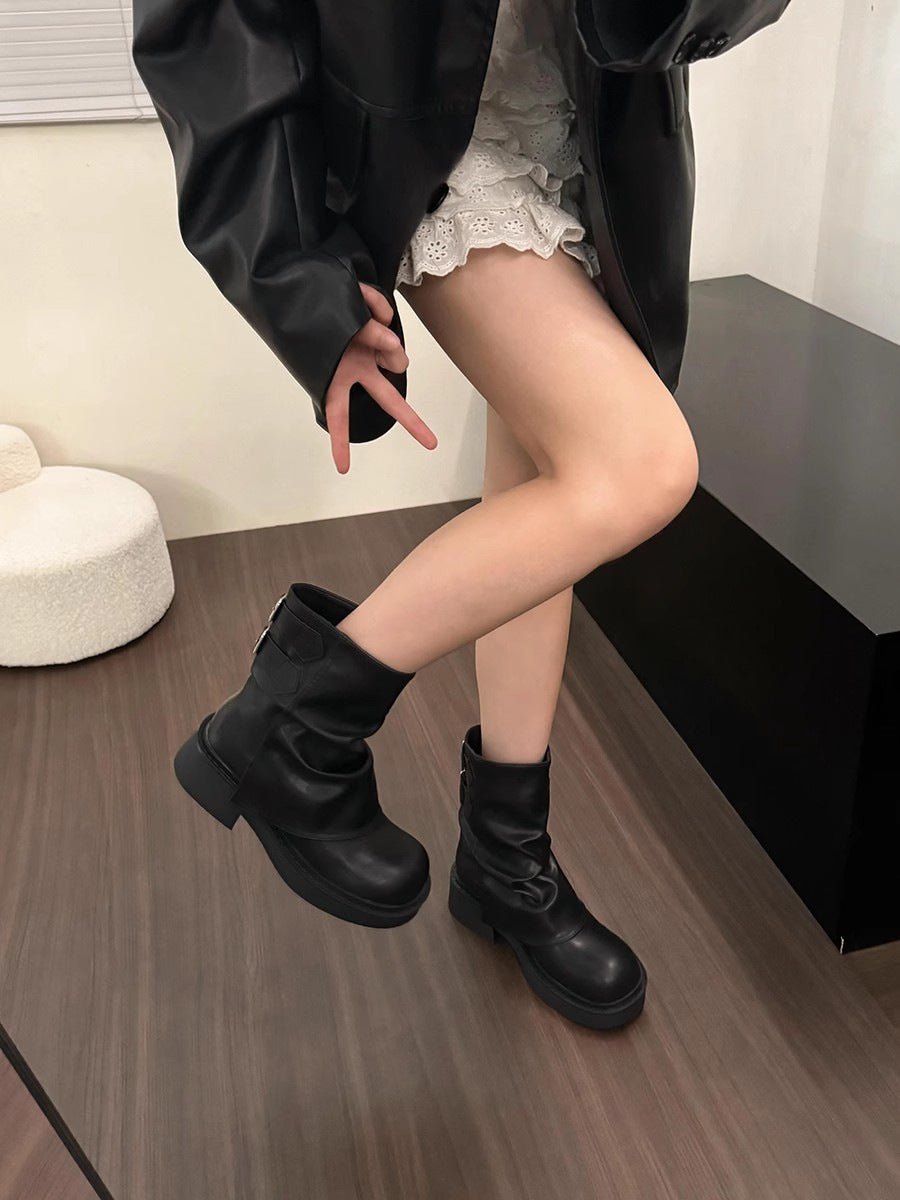 British Street Pleated Sleeve Slugged Bottom Boots - THREADLIGHT