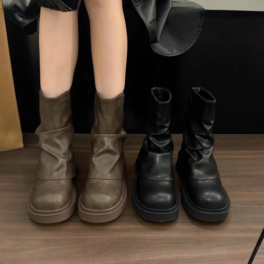 British Street Pleated Sleeve Slugged Bottom Boots - THREADLIGHT