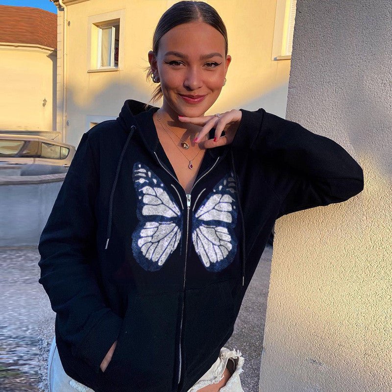 Butterfly Pattern Rhinestone Zipper Streetwear - THREADLIGHT