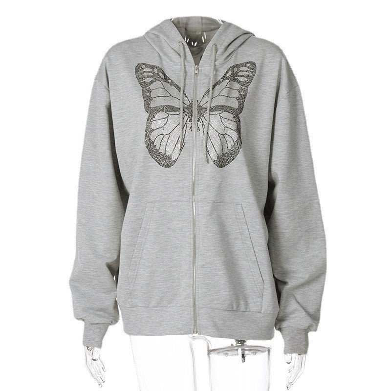 Butterfly Pattern Rhinestone Zipper Streetwear - THREADLIGHT