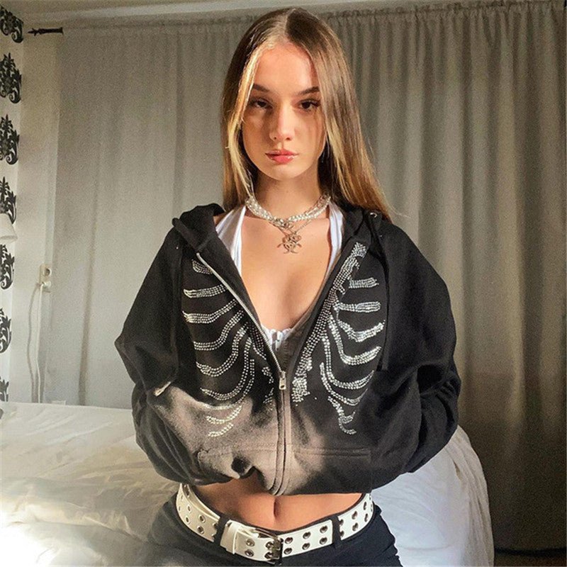 Butterfly Pattern Rhinestone Zipper Streetwear - THREADLIGHT