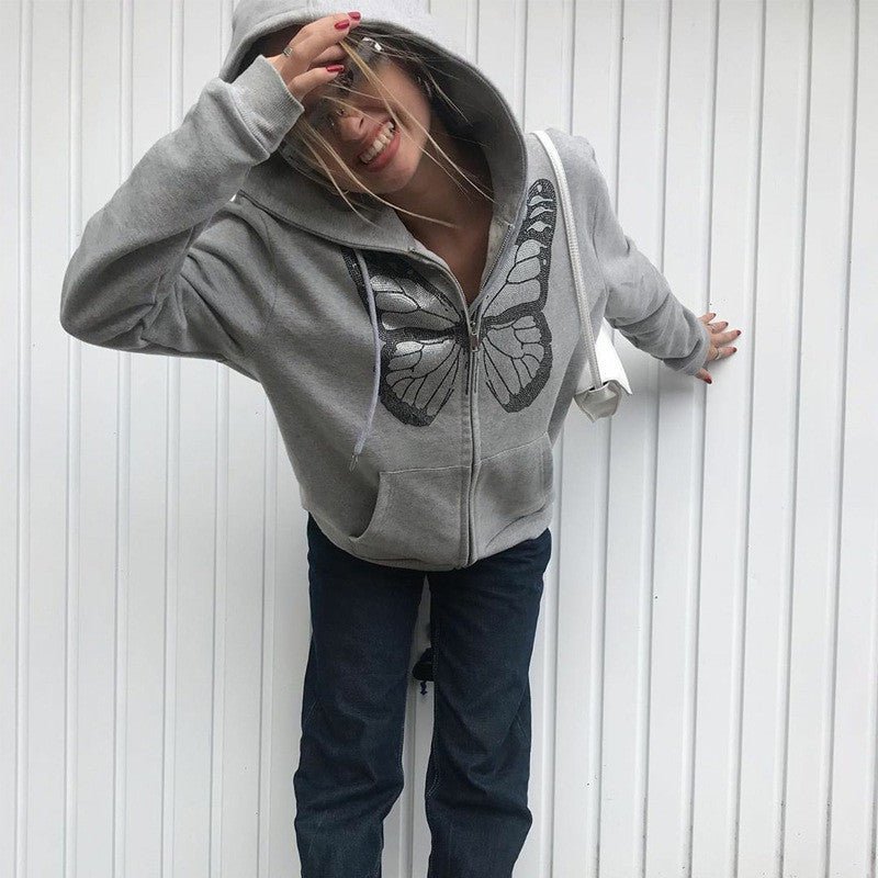 Butterfly Pattern Rhinestone Zipper Streetwear - THREADLIGHT