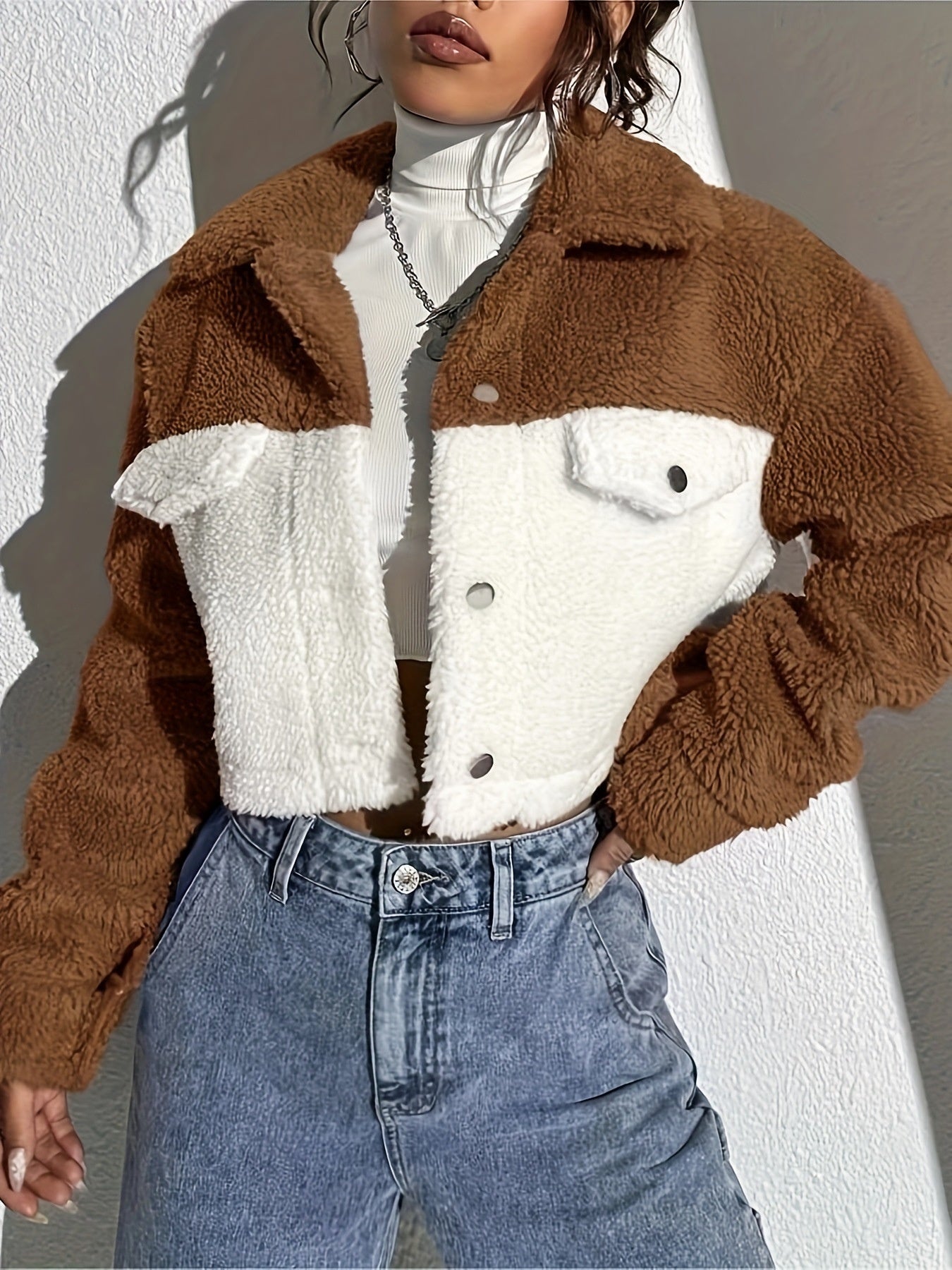 Composite Plush Casual Patchwork Cardigan Turn - down Collar Coat - THREADLIGHT