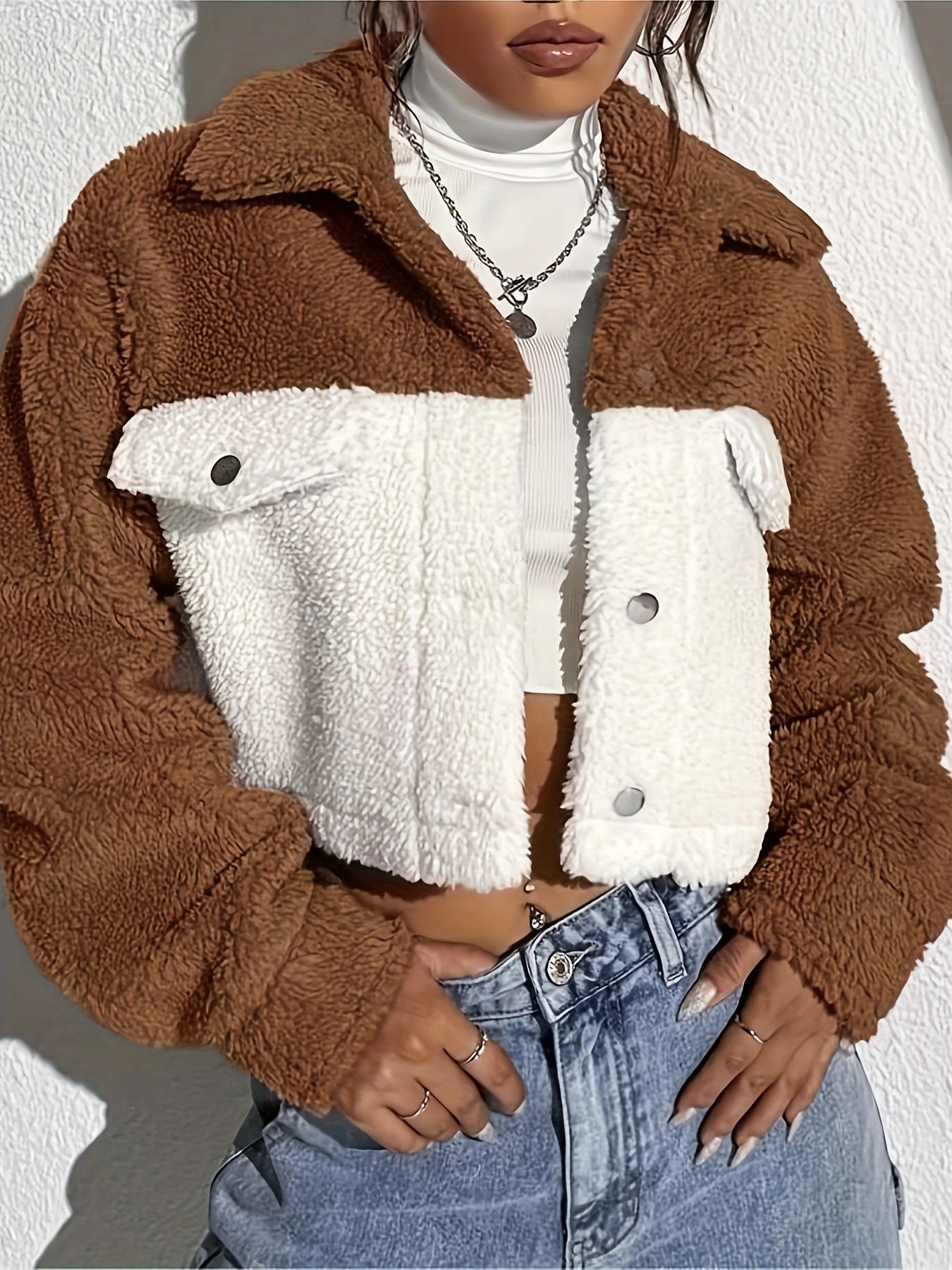 Composite Plush Casual Patchwork Cardigan Turn - down Collar Coat - THREADLIGHT
