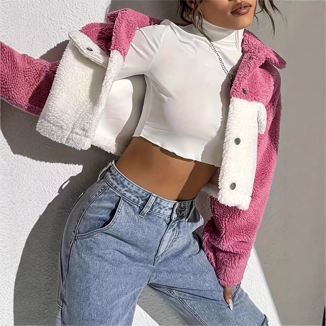 Composite Plush Casual Patchwork Cardigan Turn - down Collar Coat - THREADLIGHT