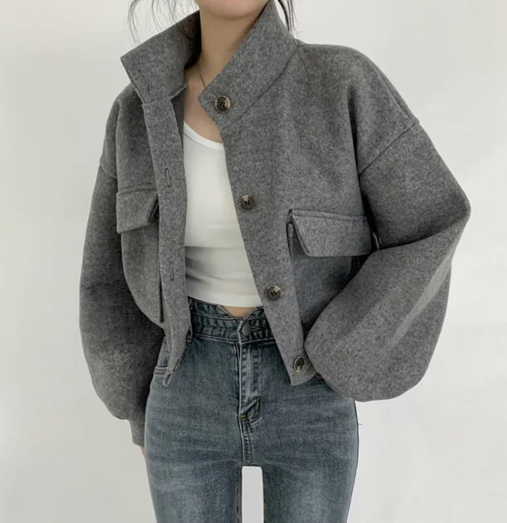 Cool Korean Style Autumn And Winter New Style Stand Collar Niche Short Lazy Style Loose Casual Woolen Coat For Women - THREADLIGHT