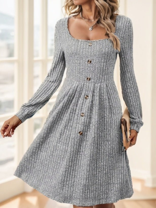Elegant Long Sleeve Ribbed Knit Dress With Button Details - THREADLIGHT