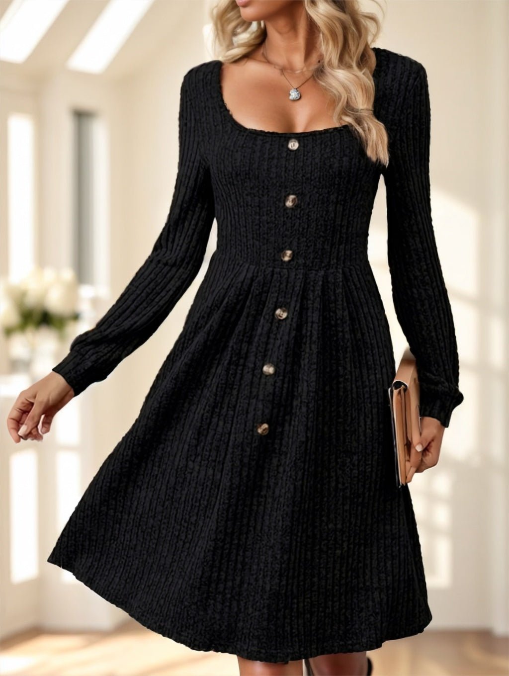 Elegant Long Sleeve Ribbed Knit Dress With Button Details - THREADLIGHT