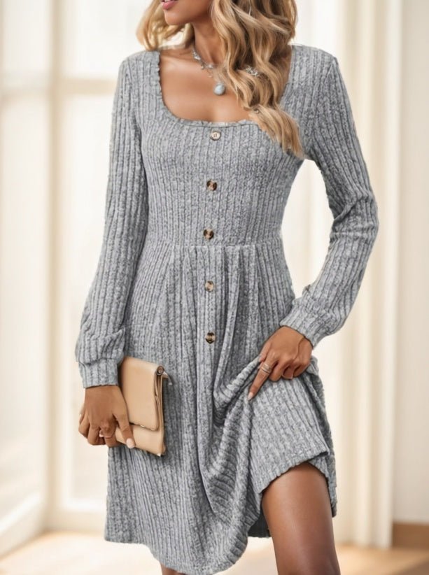 Elegant Long Sleeve Ribbed Knit Dress With Button Details - THREADLIGHT
