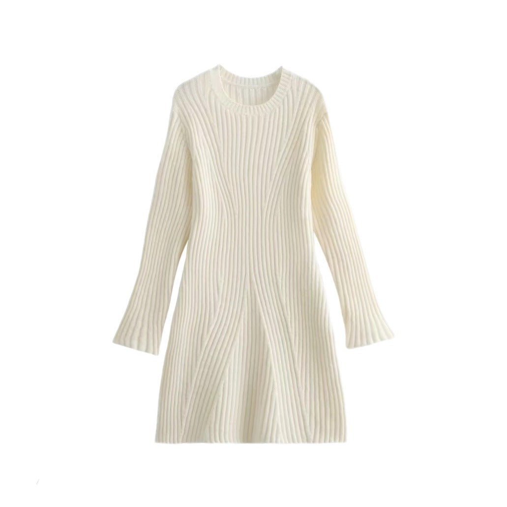 Fashion Solid Ribbed Knitted Dress Fall And Winter Slim - fit Stand - up Collar A - line Dresses Women's Clothing - THREADLIGHT