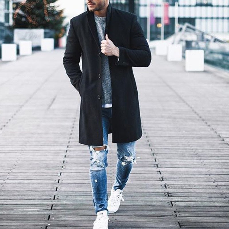 Fashion Winter Men's Trench Long Jackets Coats Overcoat Classic Jackets Solid Slim Fit Outwear Hombre Men Clothes Khaki Black - THREADLIGHT