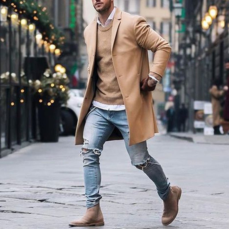 Fashion Winter Men's Trench Long Jackets Coats Overcoat Classic Jackets Solid Slim Fit Outwear Hombre Men Clothes Khaki Black - THREADLIGHT