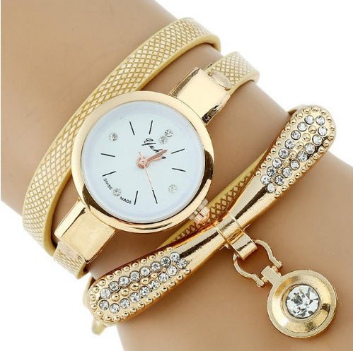 Gnova Platinum Fashion Luxury Brand New Women Rhinestone Gold Bracelet Watch Pu Leather Ladies Quartz Casual Wristwatch - THREADLIGHT
