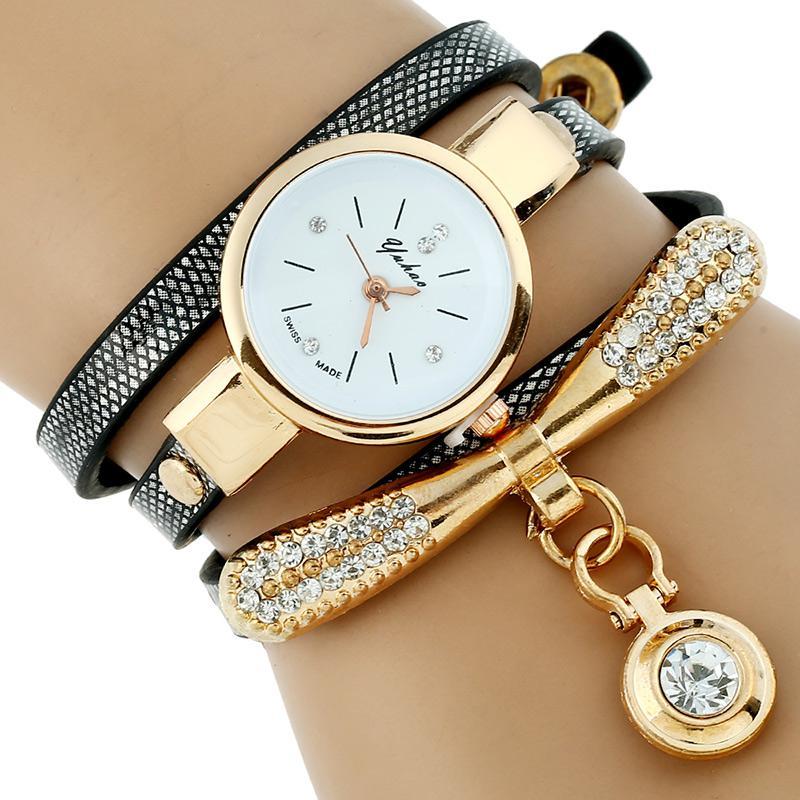 Gnova Platinum Fashion Luxury Brand New Women Rhinestone Gold Bracelet Watch Pu Leather Ladies Quartz Casual Wristwatch - THREADLIGHT