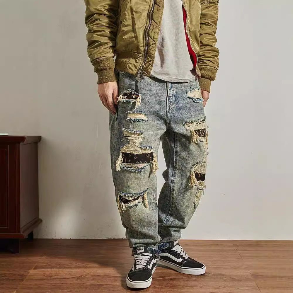 Jeans Men's Loose Straight Tapered Distressed Broken Holes Pants - THREADLIGHT