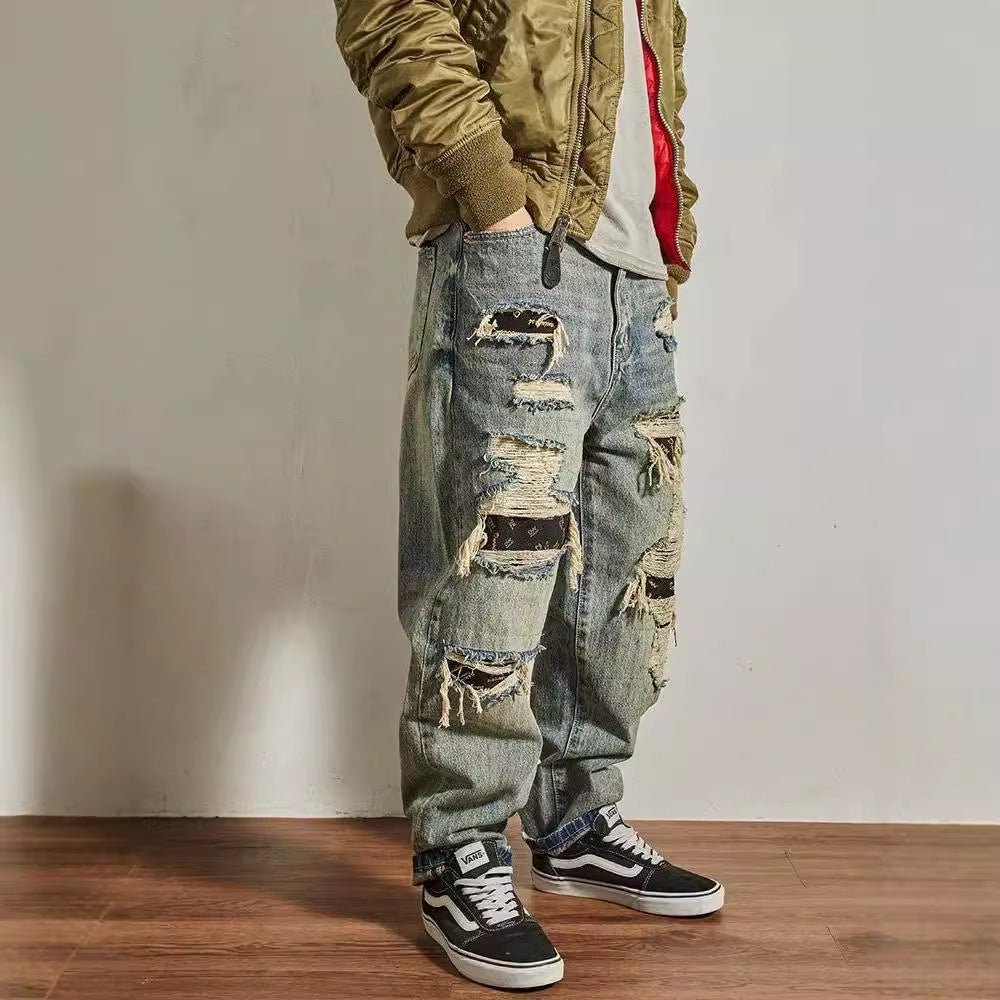 Jeans Men's Loose Straight Tapered Distressed Broken Holes Pants - THREADLIGHT