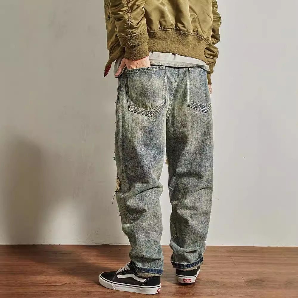 Jeans Men's Loose Straight Tapered Distressed Broken Holes Pants - THREADLIGHT