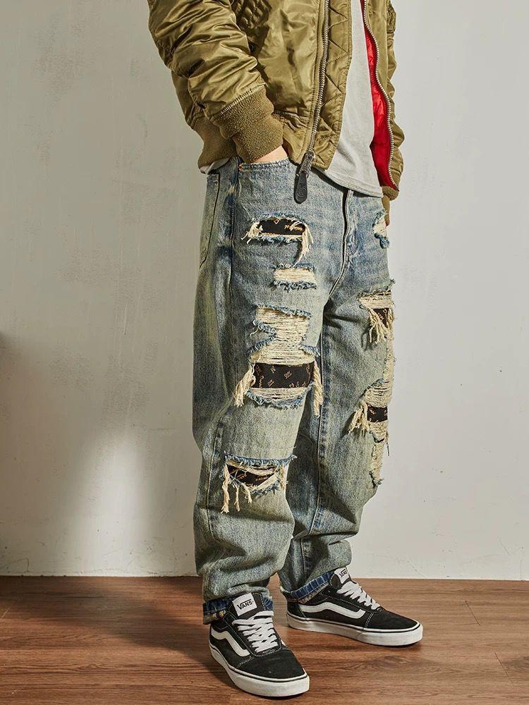 Jeans Men's Loose Straight Tapered Distressed Broken Holes Pants - THREADLIGHT