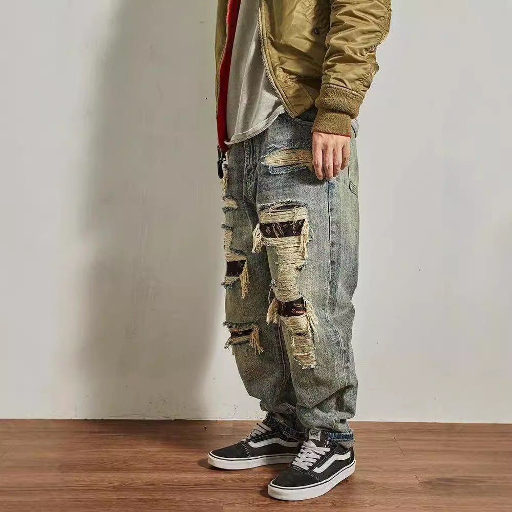 Jeans Men's Loose Straight Tapered Distressed Broken Holes Pants - THREADLIGHT