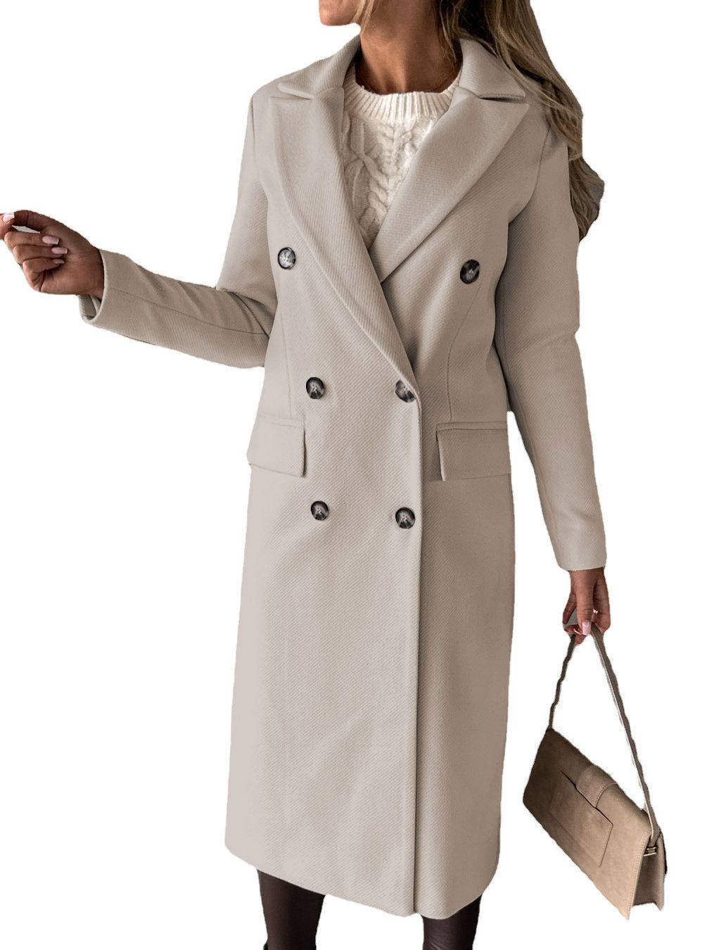 Long Sleeve Lapel Coat Winter Fashion Solid Double Breasted Slim Long Jacket Womens Clothing - THREADLIGHT