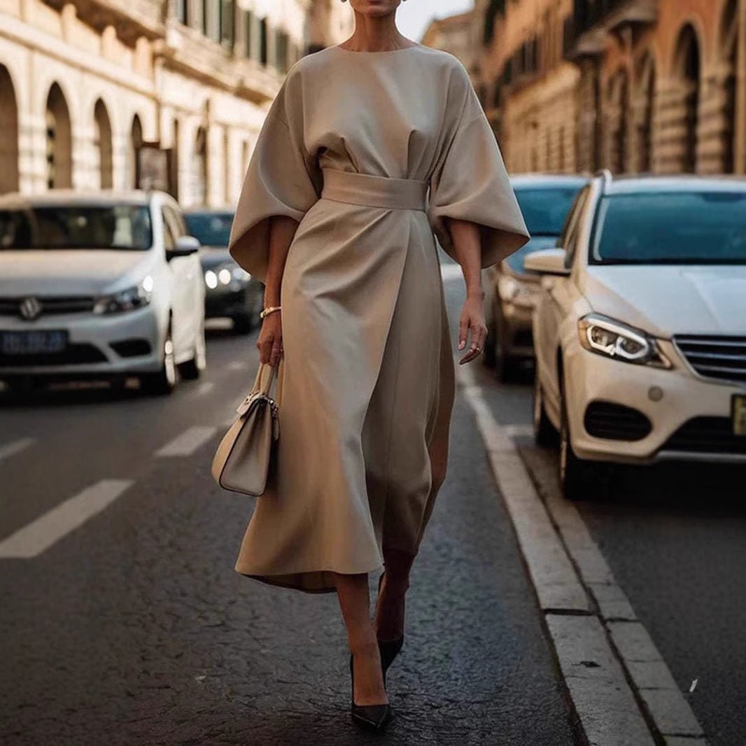Loose Batwing Sleeve Dress Fashion Waist - tighted Solid Color Elegant Dresses For Women Clothing - THREADLIGHT