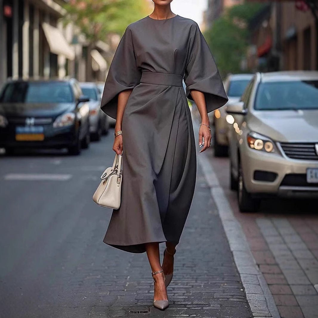 Loose Batwing Sleeve Dress Fashion Waist - tighted Solid Color Elegant Dresses For Women Clothing - THREADLIGHT