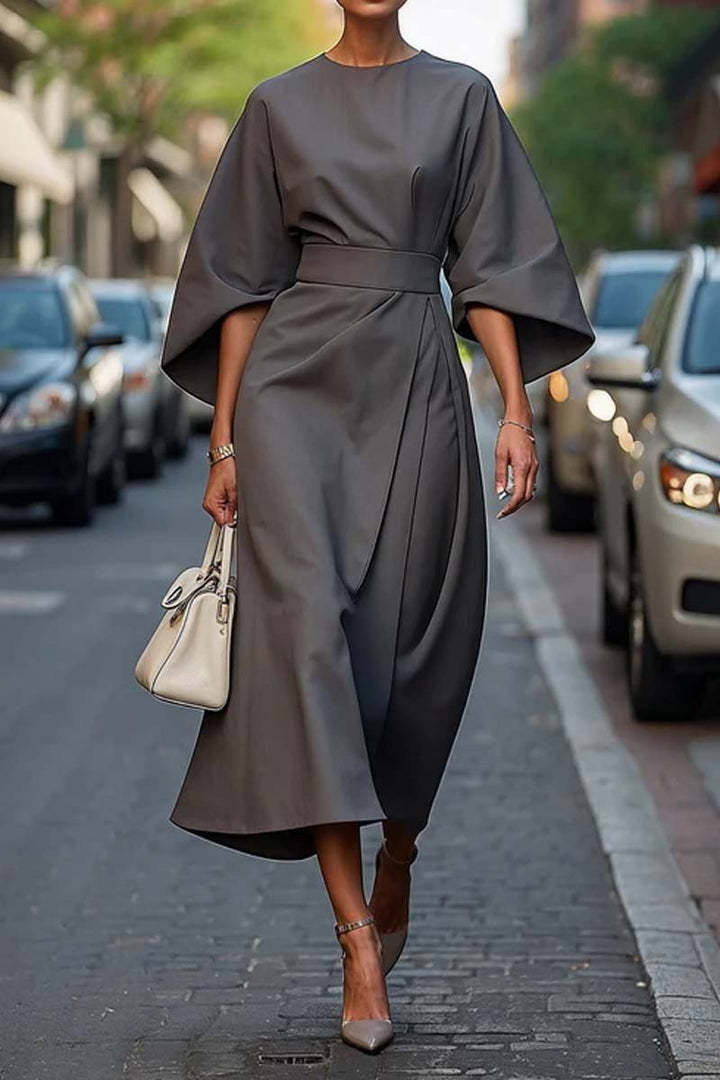 Loose Batwing Sleeve Dress Fashion Waist - tighted Solid Color Elegant Dresses For Women Clothing - THREADLIGHT