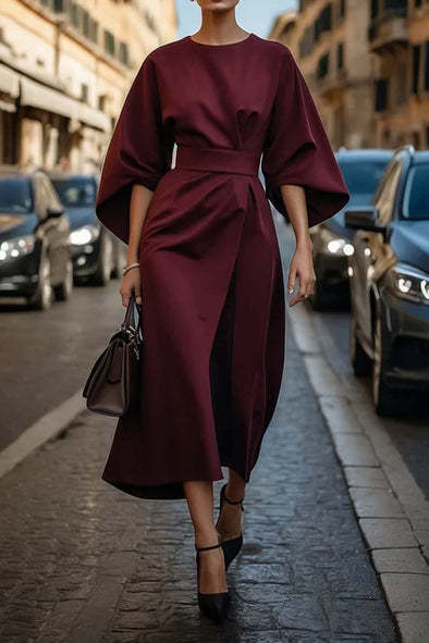 Loose Batwing Sleeve Dress Fashion Waist - tighted Solid Color Elegant Dresses For Women Clothing - THREADLIGHT