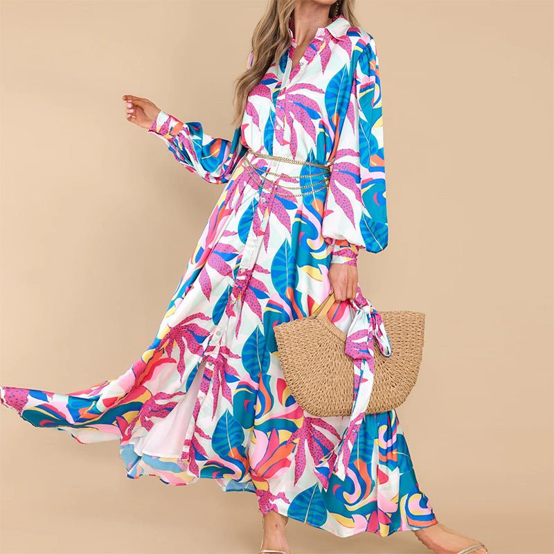 New Printed Dresses Long - sleeved Polo Collar Oversized Hem Dresses Women - THREADLIGHT