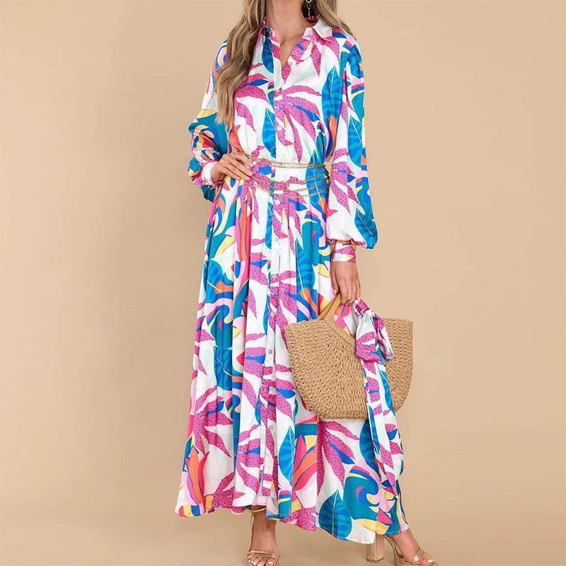 New Printed Dresses Long - sleeved Polo Collar Oversized Hem Dresses Women - THREADLIGHT