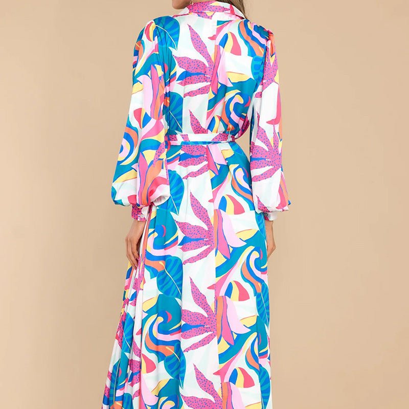 New Printed Dresses Long - sleeved Polo Collar Oversized Hem Dresses Women - THREADLIGHT