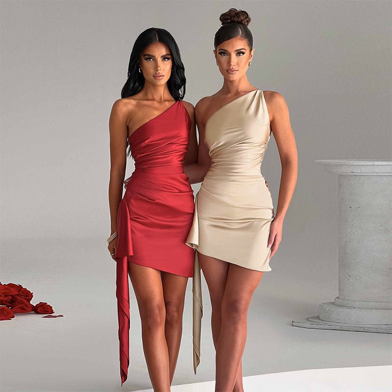 One - shoulder Sleeveless Mini Dress Sexy Slim Backless Skirt Party Wedding Dresses Womens Clothing - THREADLIGHT