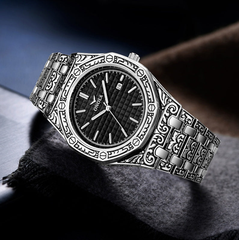 ONOLA vintage carved watch man waterproof Original steel band wristwatch fashion classic designer luxury brand golden mens watch - THREADLIGHT