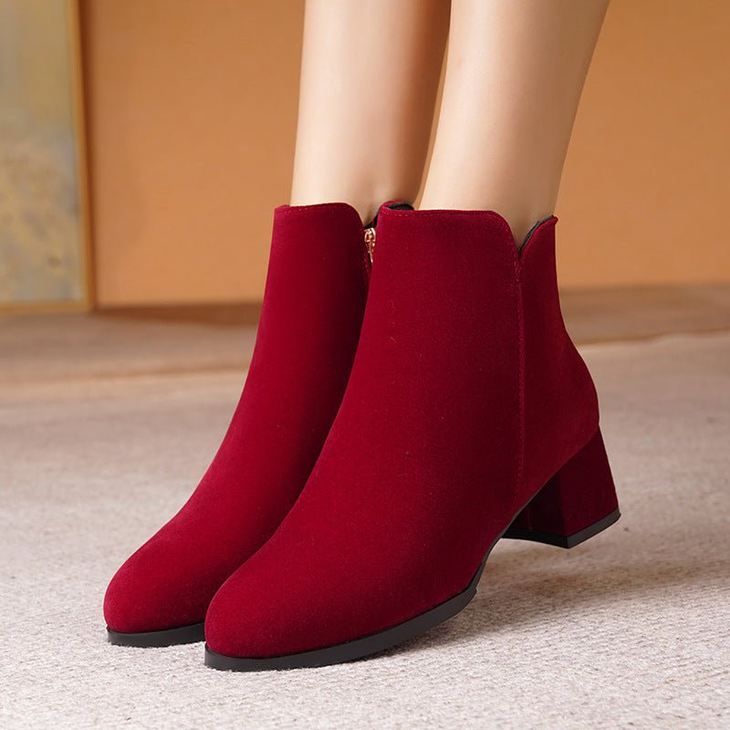 Pointed - toe Frosted Suede Side Zipper Chunky Heel Mid Heel Plus Size Female Boots - THREADLIGHT