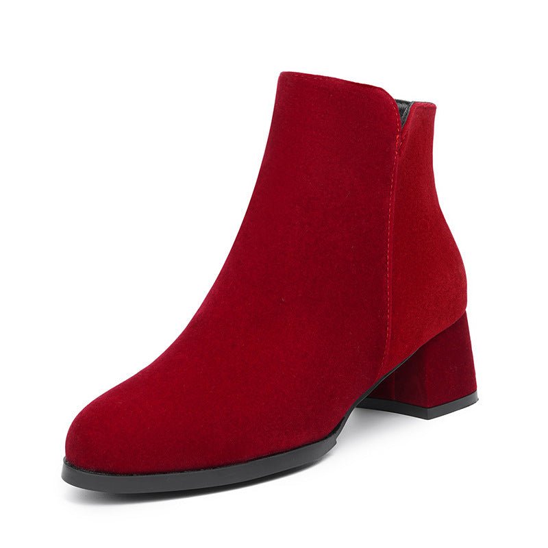 Pointed - toe Frosted Suede Side Zipper Chunky Heel Mid Heel Plus Size Female Boots - THREADLIGHT