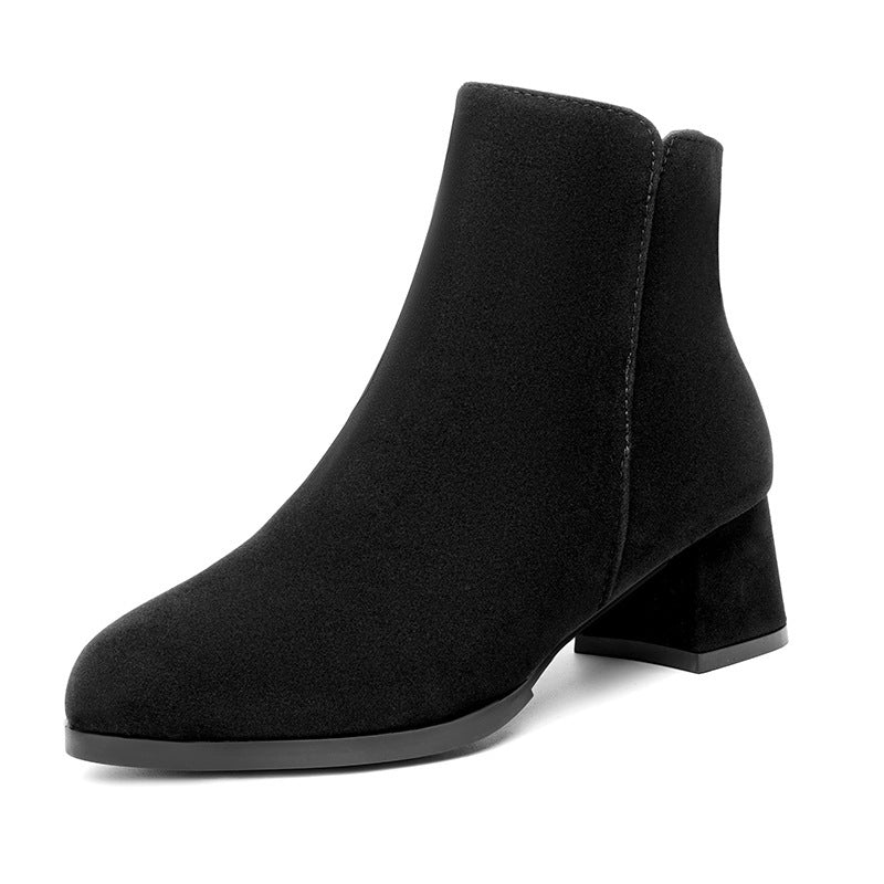 Pointed - toe Frosted Suede Side Zipper Chunky Heel Mid Heel Plus Size Female Boots - THREADLIGHT