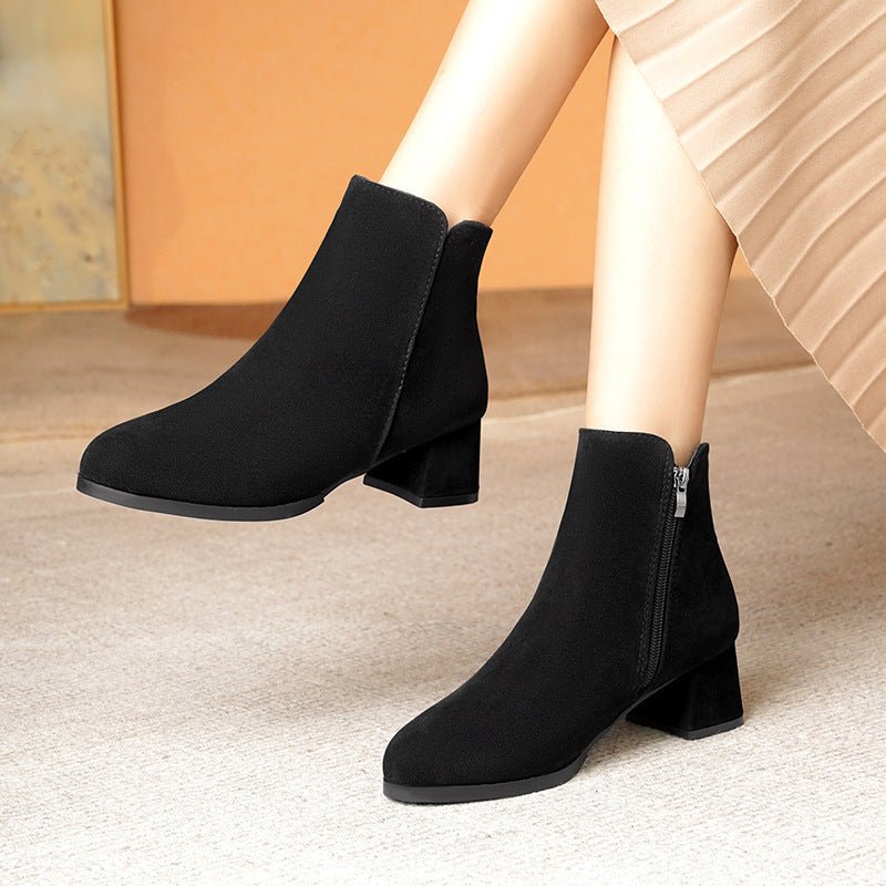 Pointed - toe Frosted Suede Side Zipper Chunky Heel Mid Heel Plus Size Female Boots - THREADLIGHT