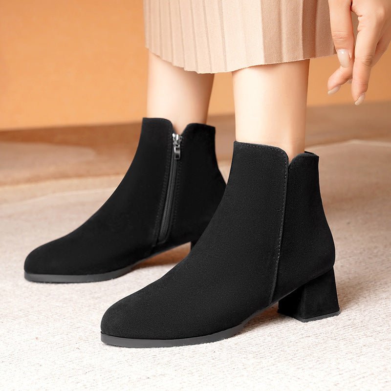 Pointed - toe Frosted Suede Side Zipper Chunky Heel Mid Heel Plus Size Female Boots - THREADLIGHT