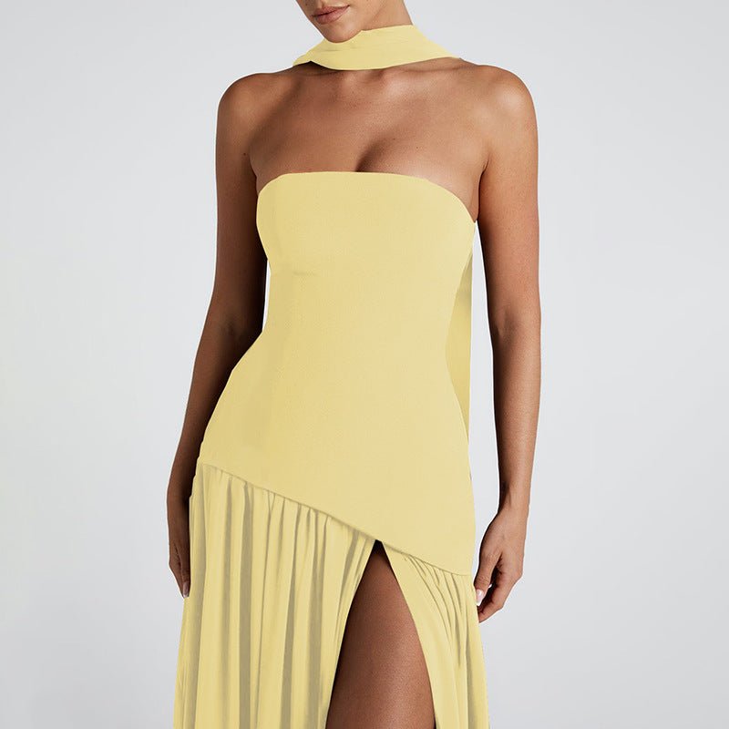 Pure Color Split Backless Elegant Streamer Dress - THREADLIGHT