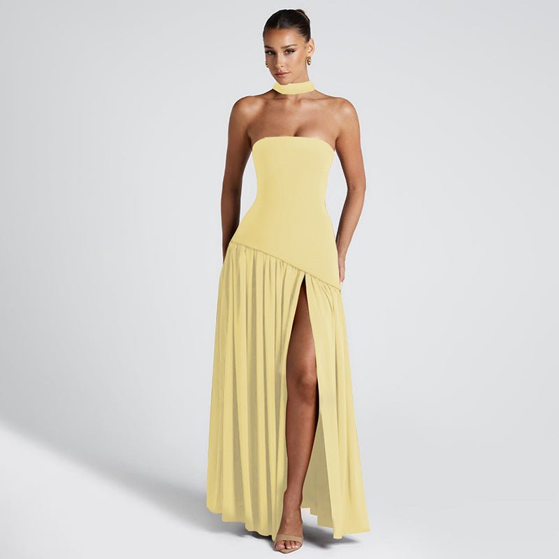 Pure Color Split Backless Elegant Streamer Dress - THREADLIGHT