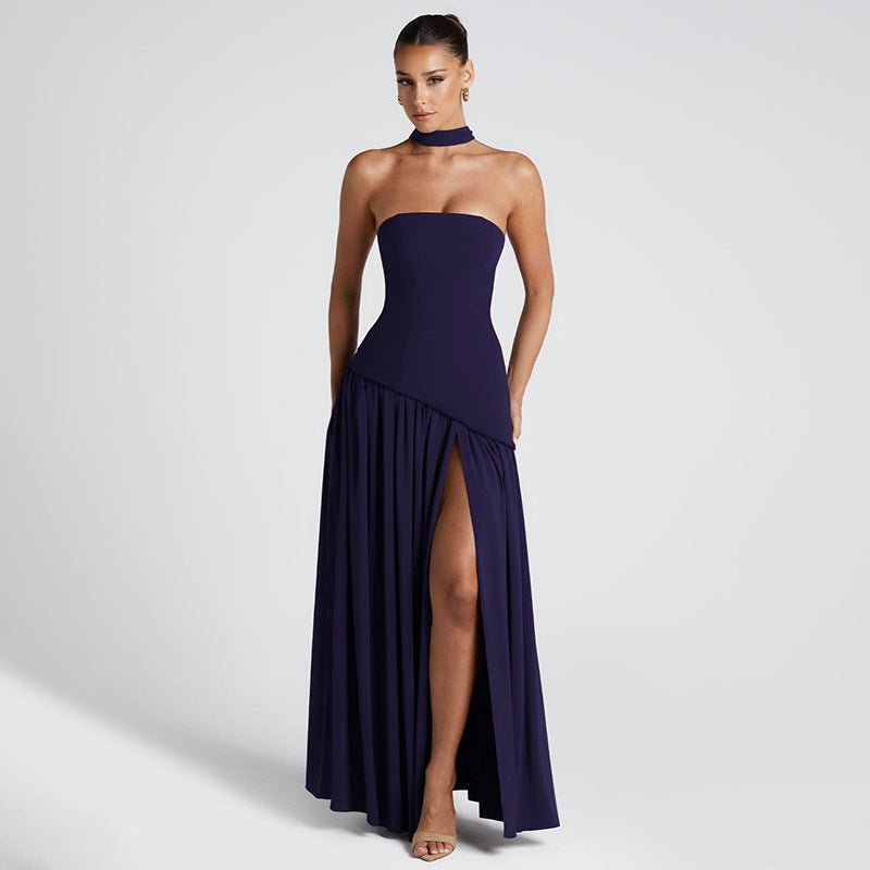 Pure Color Split Backless Elegant Streamer Dress - THREADLIGHT